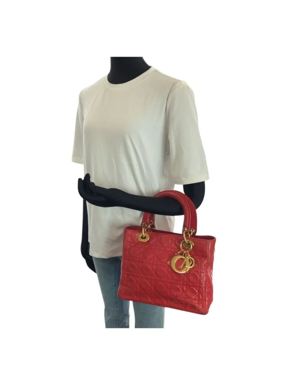 Dior Vintage Lady Cannage Red Gold Leather Handbag